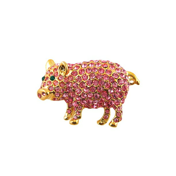 Vintage Brass Plated Pink Crystal Rhinestone Piggie Pig Babe Pin Brooch Jewelry